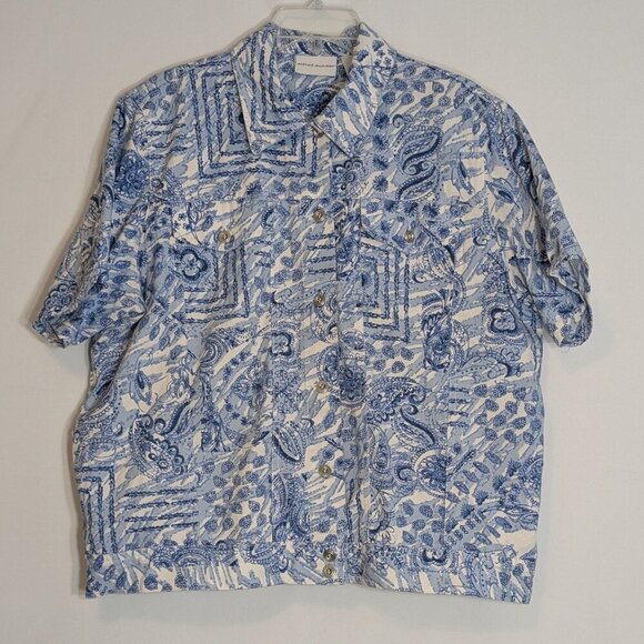 ALFRED DUNNER Blue/White Floral Short Sleeve Short Button Shirt Jacket; Size 14 - Picture 1 of 6